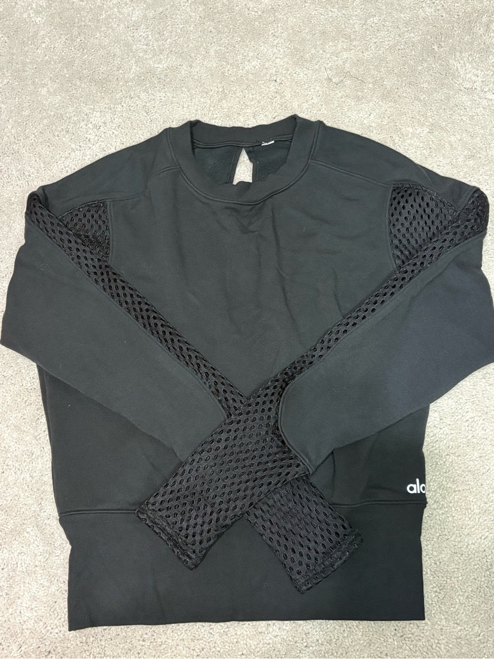 ALO Yoga Black Crewneck Sweatshirt with Mesh-Trim Sleeves